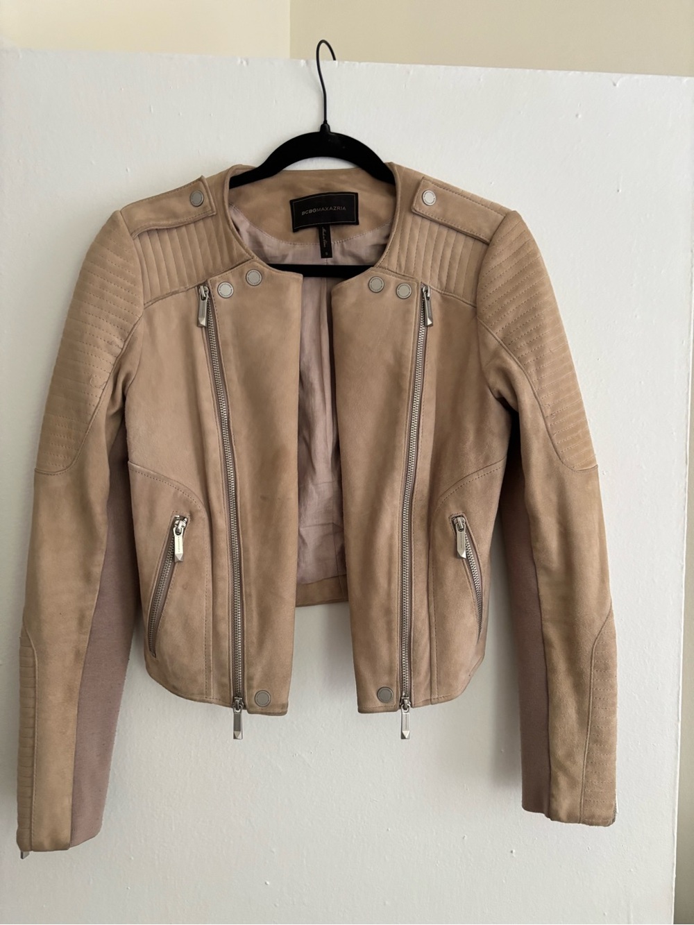 BCBGMaxAzria Taupe Suede Moto Jacket